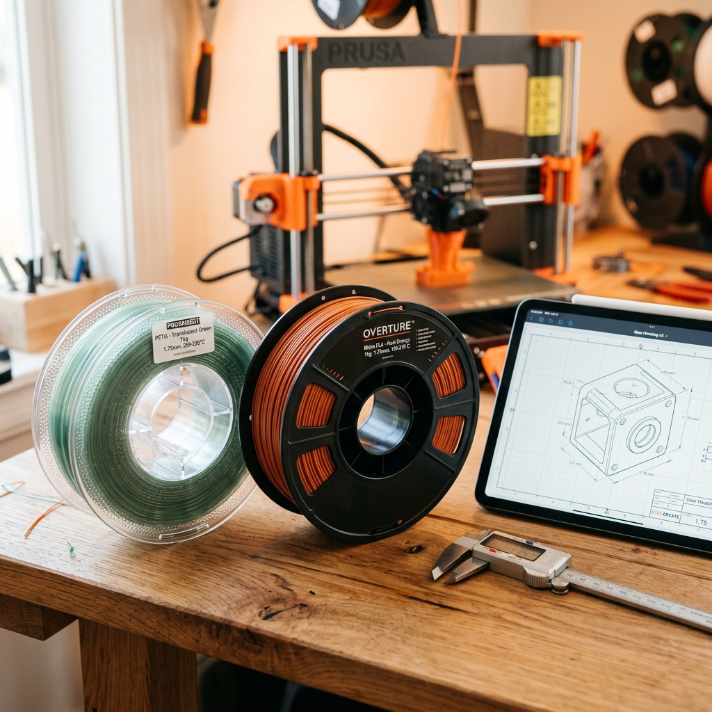 Dos bobinas de filamento diferentes de PLA y PETG sobre una mesa de madera