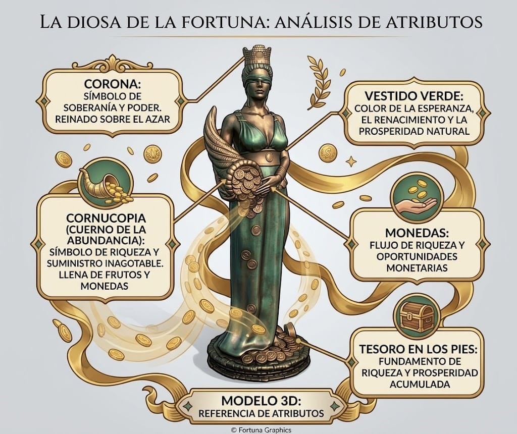 Infografía de atributos de la Diosa de la Fortuna
